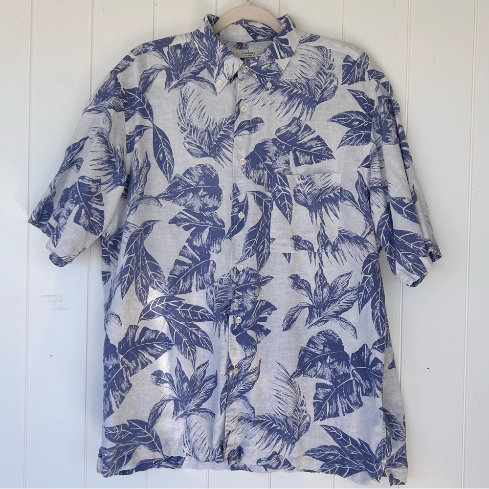 Turnbury‎ Brand Men’s Linen Button Down Shirt Palm Leaf Print Size Large